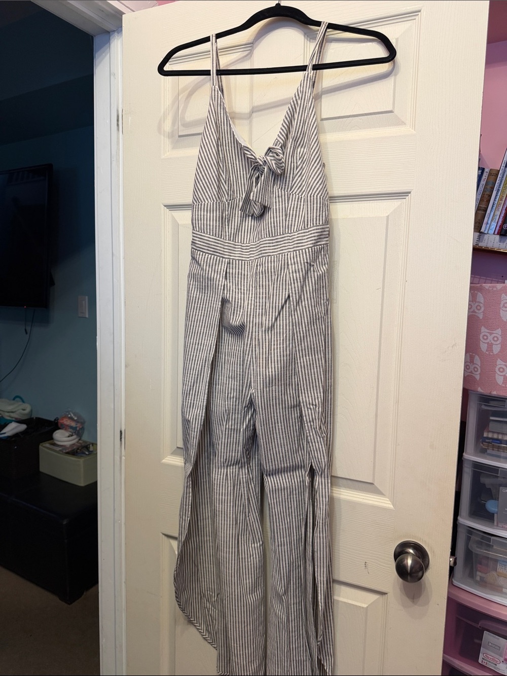 Japna Striped Tie-Front V-Neck Jumpsuit in White and Gray